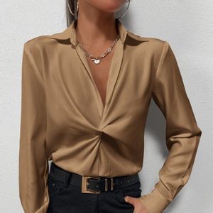 New Women Solid Twist Front Blouse Gold Brown